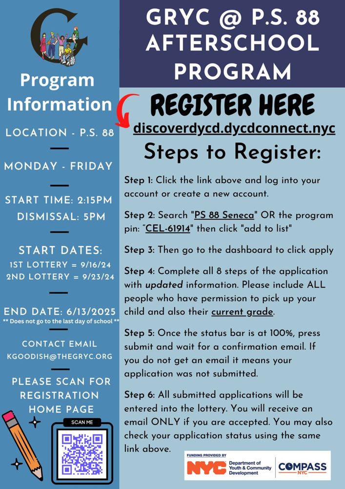 GRYC afterschool program application flyer